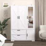 4 Doors Wardrobe Closet With Mirror, LED Wardrobe With Doors And 2 Drawers, Wooden Wardrobe Storage Cabinet With Hanging Rod, Adjustable Shelves, White - Image 6