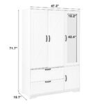 4 Doors Wardrobe Closet With Mirror, LED Wardrobe With Doors And 2 Drawers, Wooden Wardrobe Storage Cabinet With Hanging Rod, Adjustable Shelves, White - Image 9