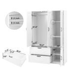 4 Doors Wardrobe Closet With Mirror, LED Wardrobe With Doors And 2 Drawers, Wooden Wardrobe Storage Cabinet With Hanging Rod, Adjustable Shelves, White - Image 4