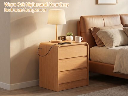 25 Inch Modern Nightstand With 3 Storage Drawers Charging Station Curved Wood Bedside Table For Home Bedroom Living Room