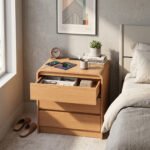 25 Inch Modern Nightstand With 3 Storage Drawers Charging Station Curved Wood Bedside Table For Home Bedroom Living Room - Image 4