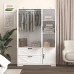 4 Doors Wardrobe Closet With Mirror, LED Wardrobe With Doors And 2 Drawers, Wooden Wardrobe Storage Cabinet With Hanging Rod, Adjustable Shelves, White