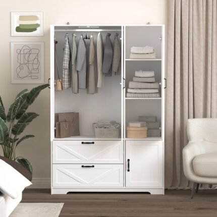 4 Doors Wardrobe Closet With Mirror, LED Wardrobe With Doors And 2 Drawers, Wooden Wardrobe Storage Cabinet With Hanging Rod, Adjustable Shelves, White