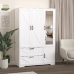 4 Doors Wardrobe Closet With Mirror, LED Wardrobe With Doors And 2 Drawers, Wooden Wardrobe Storage Cabinet With Hanging Rod, Adjustable Shelves, White - Image 8